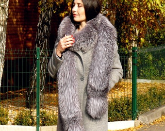 Elegant Fox Fur Collar Scarf in Silver Grey, Soft and Fluffy Winter Neckpiece, Cozy Holiday Gift for Her, Perfect Jacket Accessory
