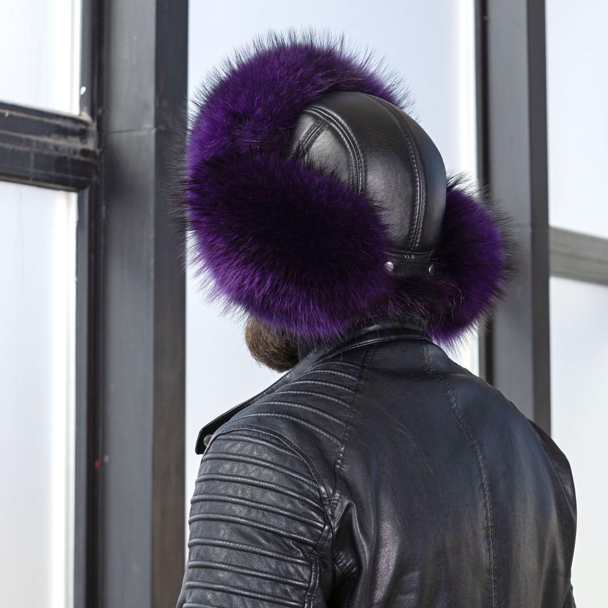 Real Fur Trapper Hat for Men, Purple Raccoon Fur Hat, Warm Winter