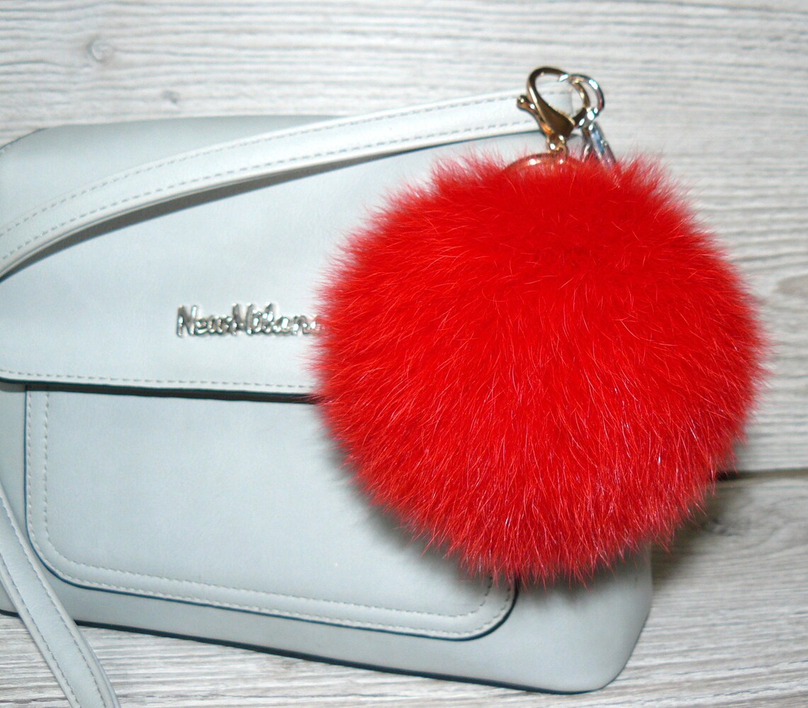 Furry key chain bag charm Real fur pompom keychain Furry key | Etsy