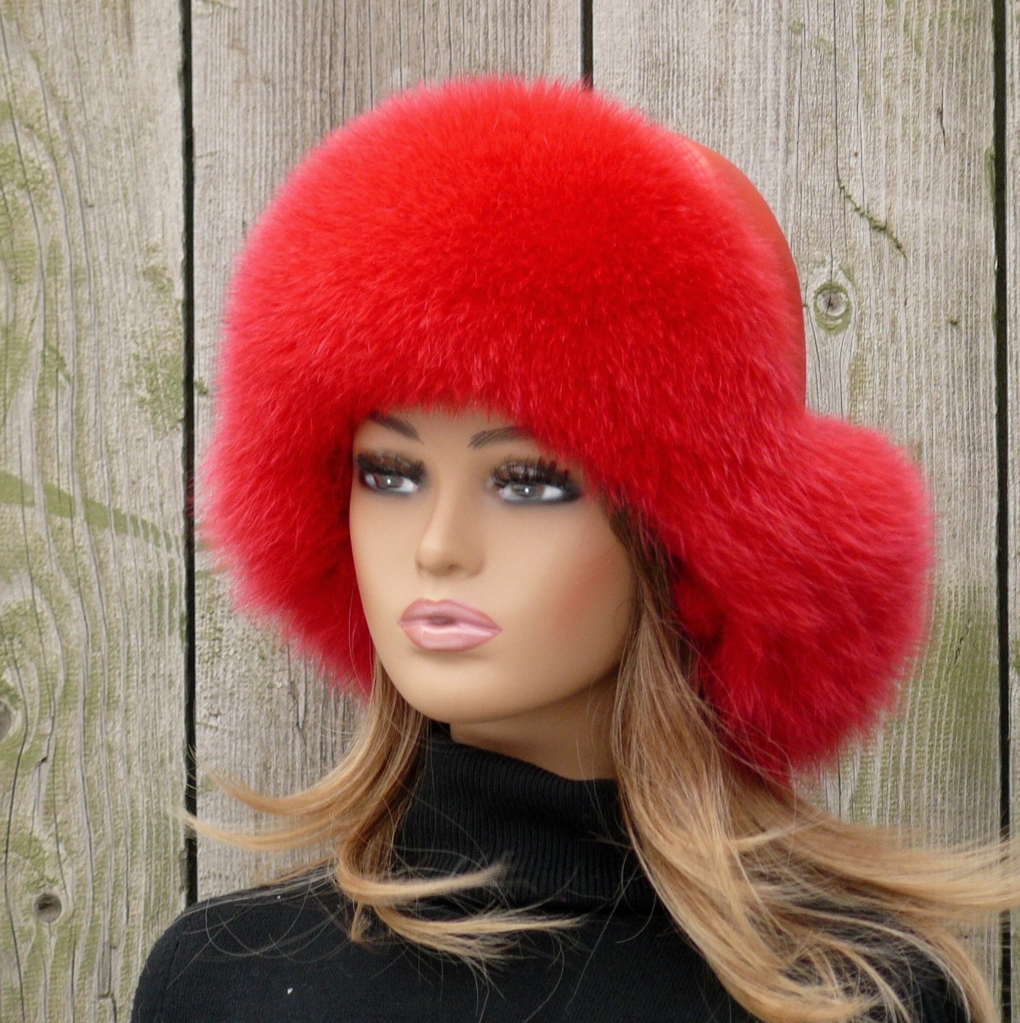 Red Fox Fur Hat Women, Fur Trapper Hat, Real Fur & Leather Hat