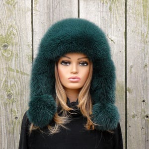 Warm Trapper Hat for Women, Real Fox Fur Ear Flap Hat, Mongolian Fur Hat, Emerald Aviator Cap, Fluffy Winter Head Warmer, Gift for Wife