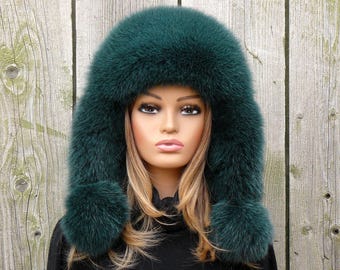 Warme Trapper Mütze für Frauen, Echter Fuchspelz Ohren Klappen Hut, mongolische Pelzmütze, Smaragdfarbene Fliegermütze, flauschiger Winter Kopfwärmer, Geschenk für Frau