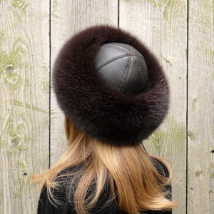 Fox Fur Hat For Women, Winter Hat, Brown Leather Headwear, Warm Fuzzy Hat, Winter Fashion, Fur Headwarmer, Dark Mocha Fur Color, Moms Gift
