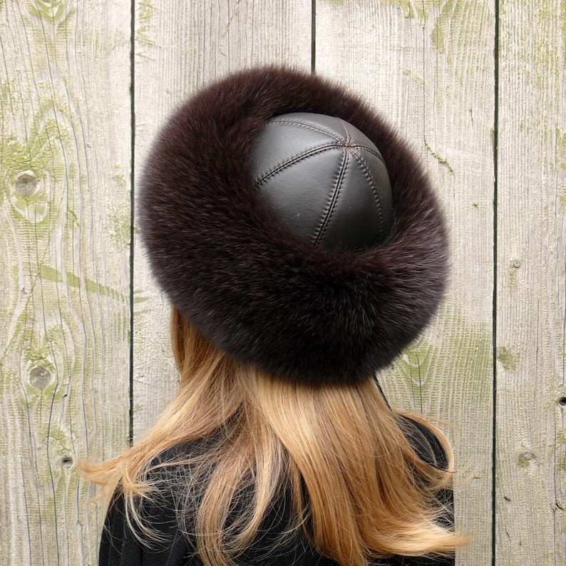 Fox Fur Hat For Women, Winter Hat, Brown Leather Headwear, Warm Fuzzy Hat, Winter Fashion, Fur Headwarmer, Dark Mocha Fur Color, Moms Gift