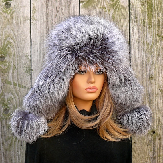 Silver fox fur hat, Oversized fur trapper hat women, Winter hats, Warm  fluffy hat, Leather ushanka, Fur aviator hat, Fuzzy ear flap hats