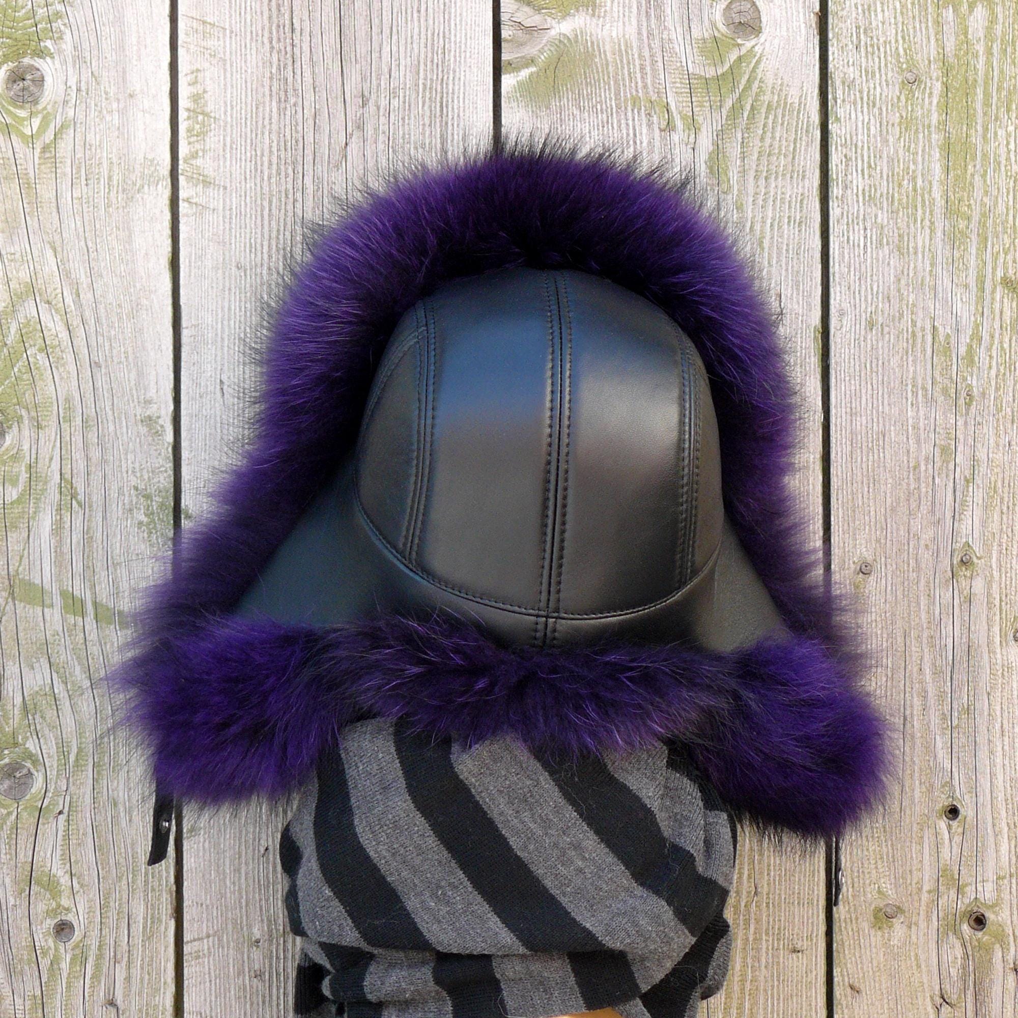 Real Fur Trapper Hat for Men, Purple Raccoon Fur Hat, Warm 