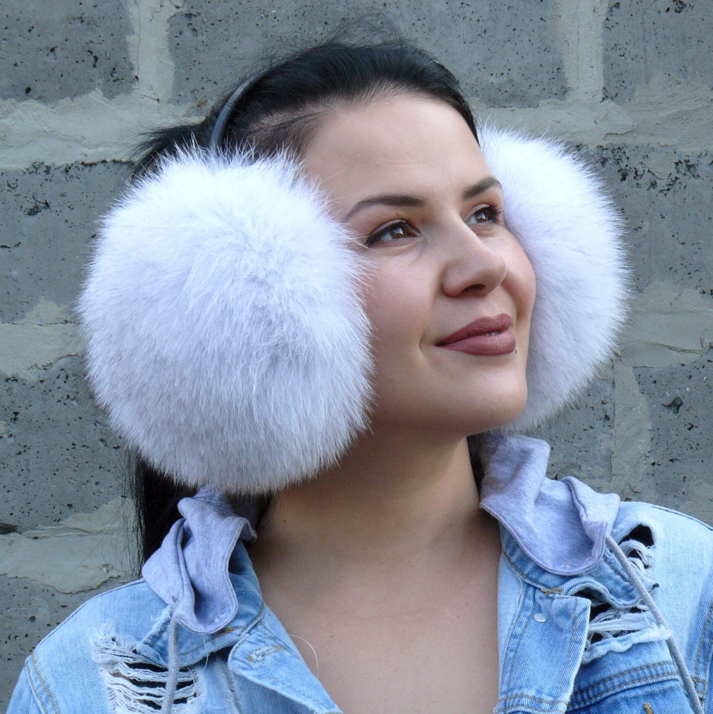 White Fox Fur Earmuffs Women, Real Fur Ear Muffs, Big Fluffy