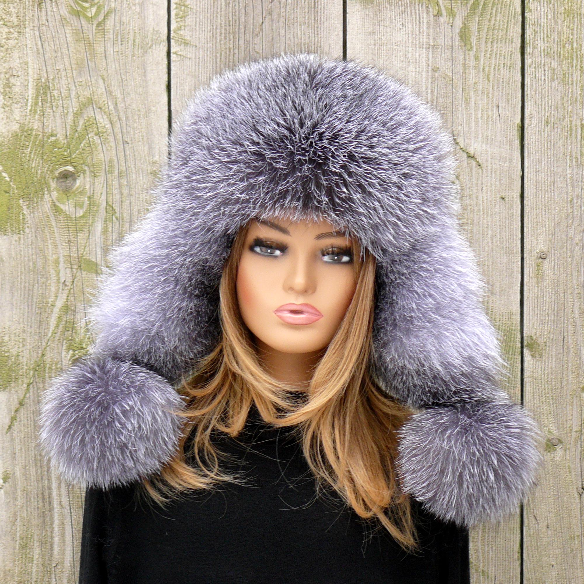 Genuine Real Silver Fox Fur Genuine Leather Fancy Winter Trapper Woman Hat Silver Fox Fur Hat With Black Leather Saga Furs Trapper Hat  main image 3