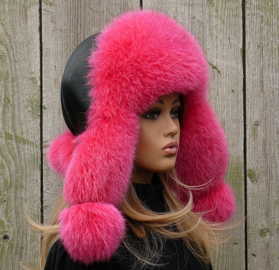 Hot Pink Fox Fur Trapper Hat, Winter Fluffy Ear Flap Hat, Hot Pink