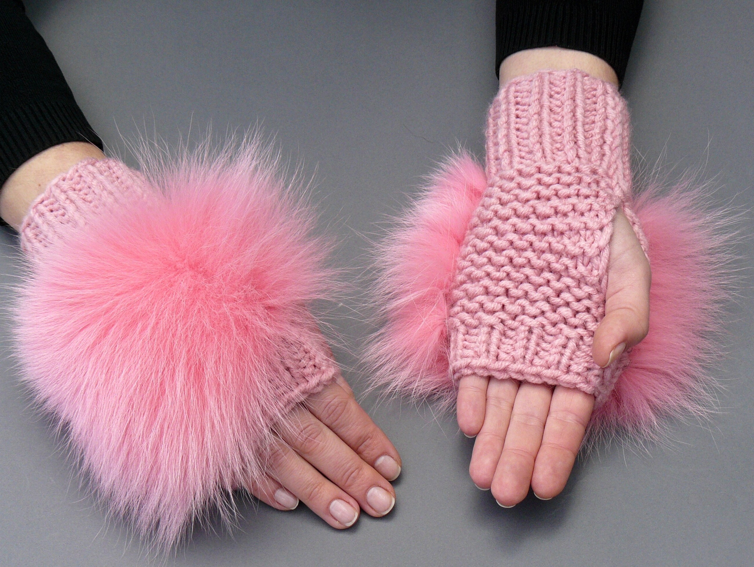 Fingerless Gloves, Pink Knitted Mittens, Fluffy Fox Fur Cuffs
