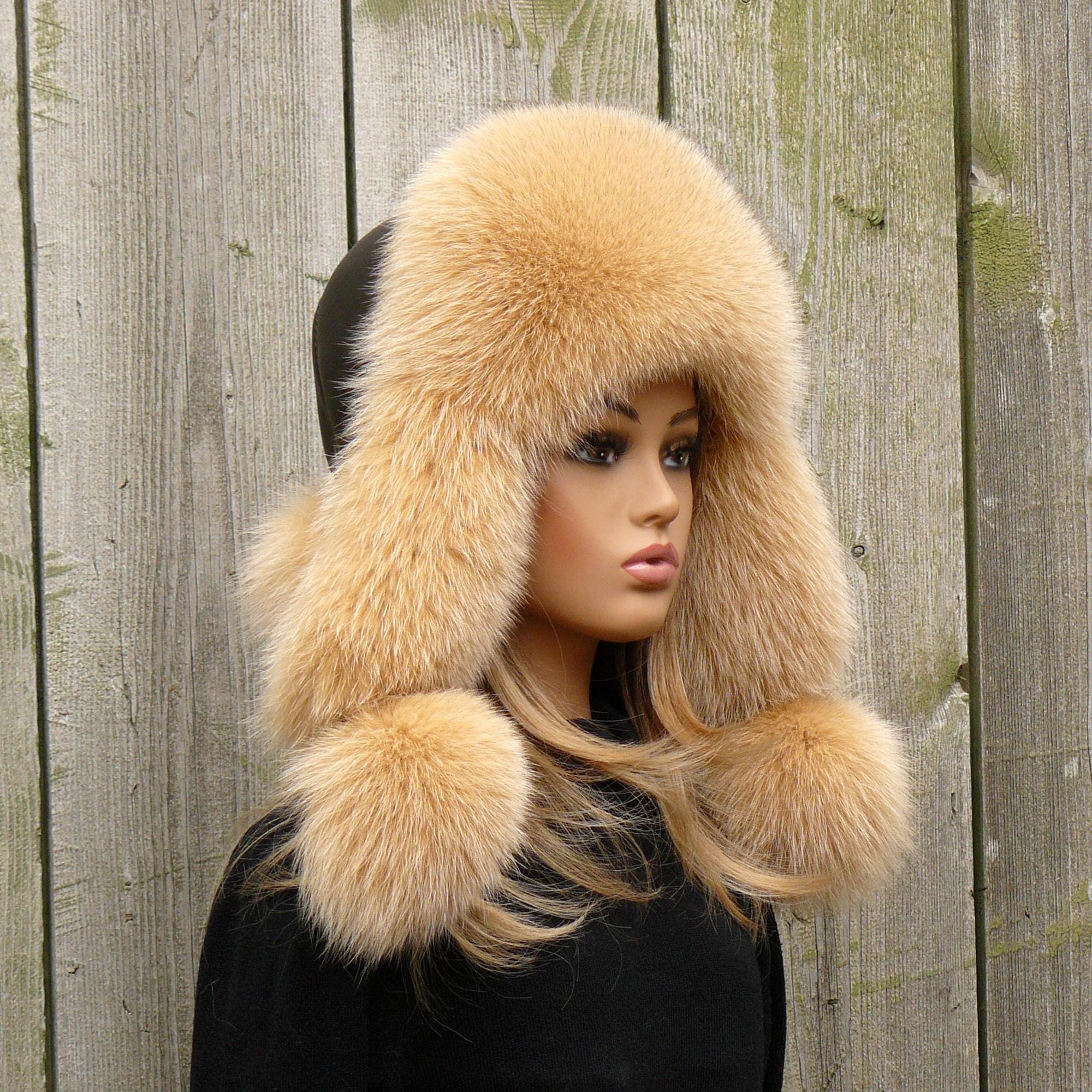 Beige Fox Fur Trapper Hat With Dark Brown Leather, Aviator 