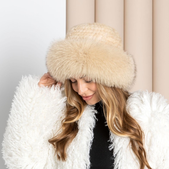 Mink Hat Women, Real Fur Knitted Hat With Fox Fur Trim, Fluffy