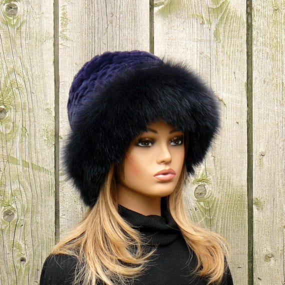 Real Rex Rabbit Fur Hat Women, Fox Trim, Fuzzy Warm Black  display picture 3