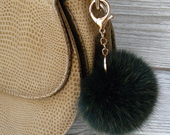 Fluffy pom pom bag charm, Dark green furry keychain, Fur ball key fob, Fox fur pom pom keyring, Cute puff keychain, Green fur ball key ring