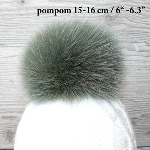 Genuine Fur Pom Pom, Green Furry Pompon for Hat, Fluffy Fur Ball with Ribbon, Fur Bommel, Real Fur Accessories, Cute Decor For Winter Hat 15-16 cm/ 6"-6.3"