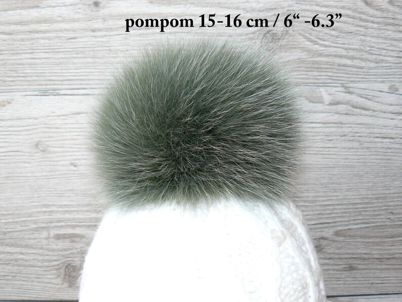 Genuine Fur Pom Pom, Green Furry Pompon for Hat, Fluffy Fur Ball with Ribbon, Fur Bommel, Real Fur Accessories, Cute Decor For Winter Hat 15-16 cm/ 6"-6.3"