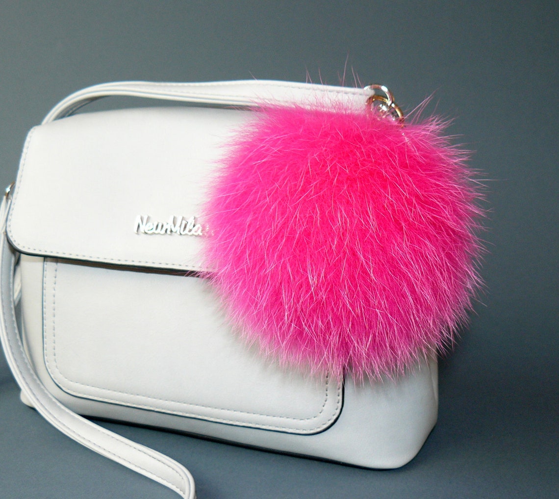 Pink Fur Pompom Pink Keychain Furry Key Chain Pink Bag Etsy
