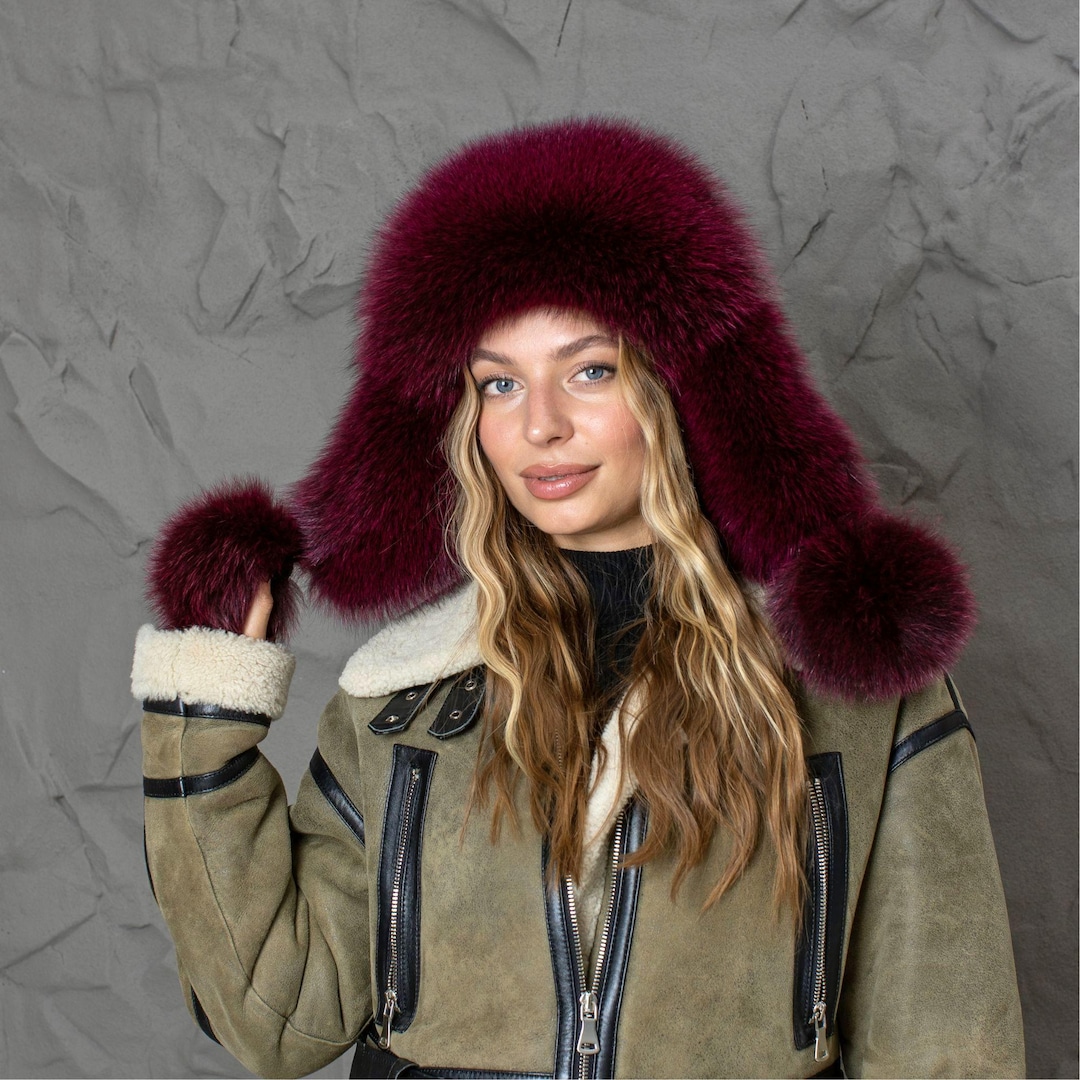 Burgundy Fox Fur Trapper Hat, Real Fur & Leather Winter Hat