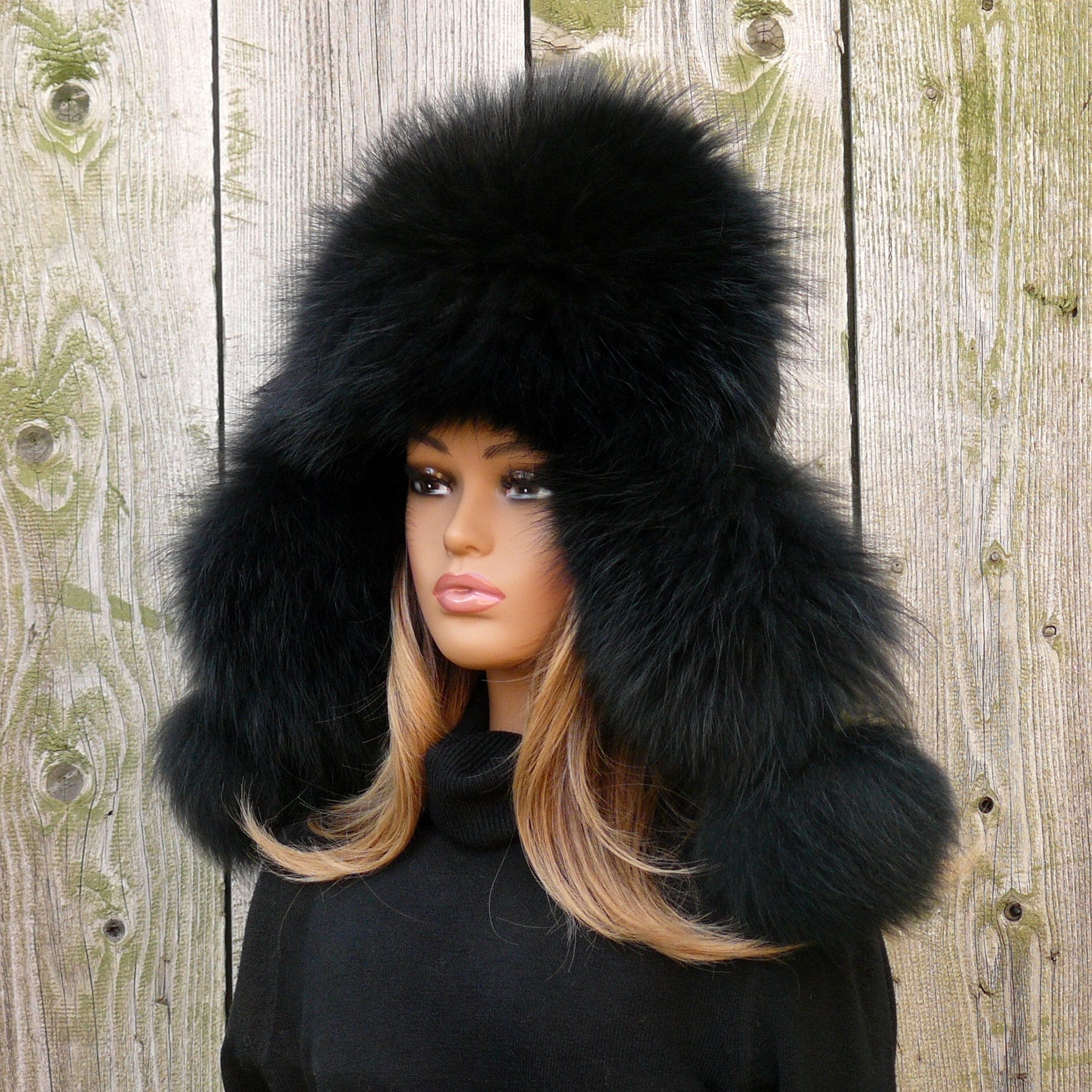 Black Raccoon Trapper Hat Women, Fluffy Aviator Hat, Fur Bomber