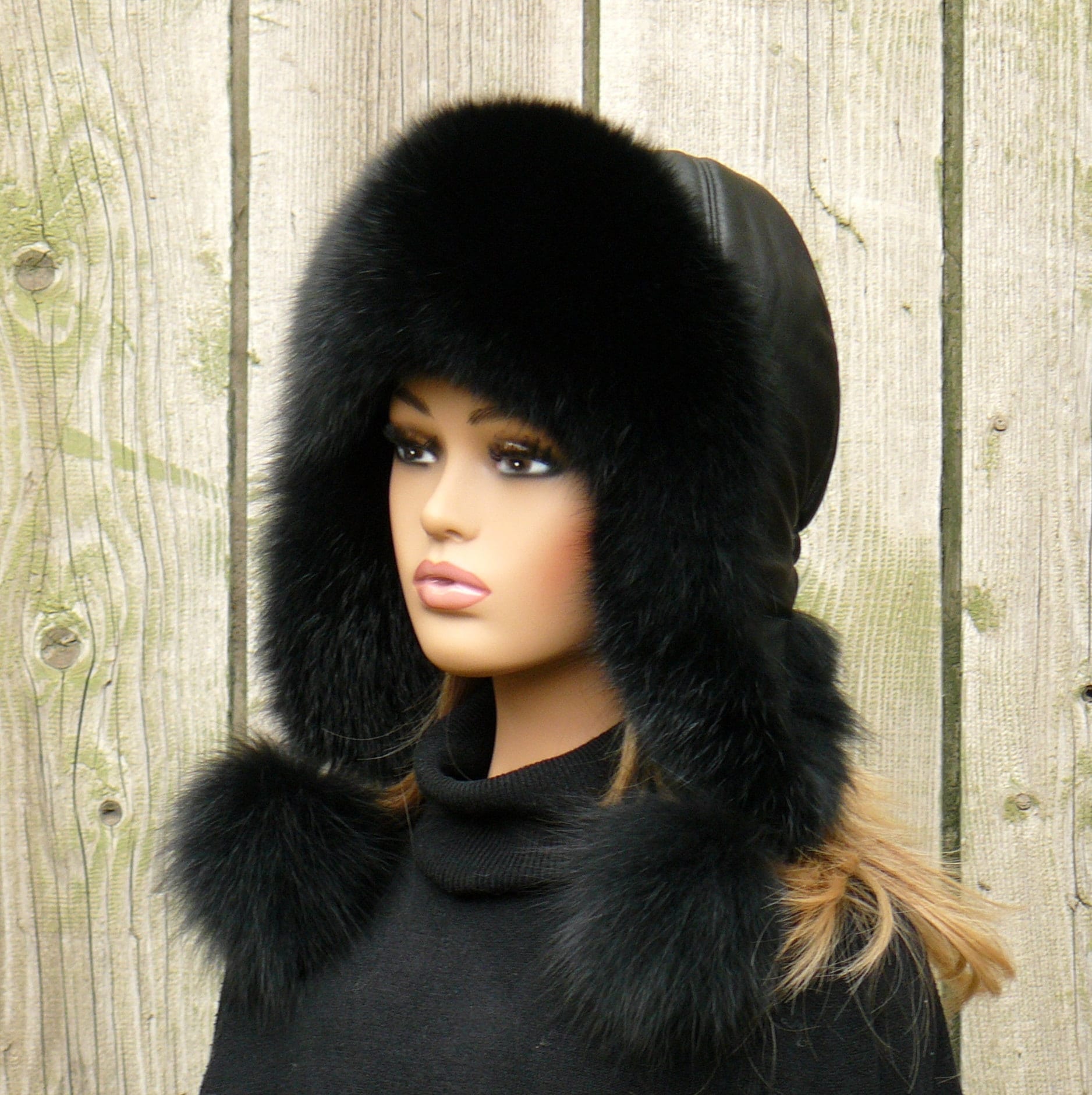 Rare Vintage Russian Luxurious Black Fur Trapper Hat Black Faux Fur Russian Ushanka Hat for Men: FurHatWorld.com main image 2