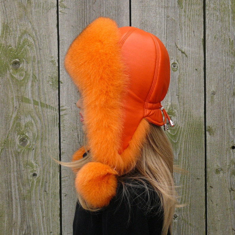 Orange fur hat for women, Fur trapper hat, Fluffy hat ear flaps, Warm ushanka, Fuzzy hat, Winter furry bomber hat, Gift for mom Gift for her image 2