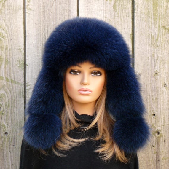 Real Fox Fur Trapper Hat, Dark Blue Fur Winter Hat, Aviator  display picture 1