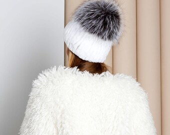 Silver Rabbit Fur Beanie With Fox Pom Pom, Real Fur Hat  display picture 2