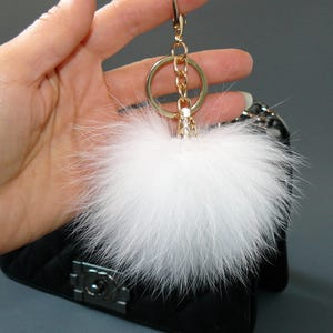 Genuine Fur Keychain Bag Charm, Fuzzy Keyring, Real Fur Key Chain, White Fluffy Accessory, Handbag Charm, Purse Charm image 10