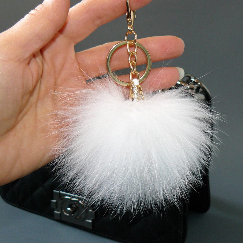 Genuine Fur Keychain Bag Charm, Fuzzy Keyring, Real Fur Key Chain, White Fluffy Accessory, Handbag Charm, Purse Charm image 10