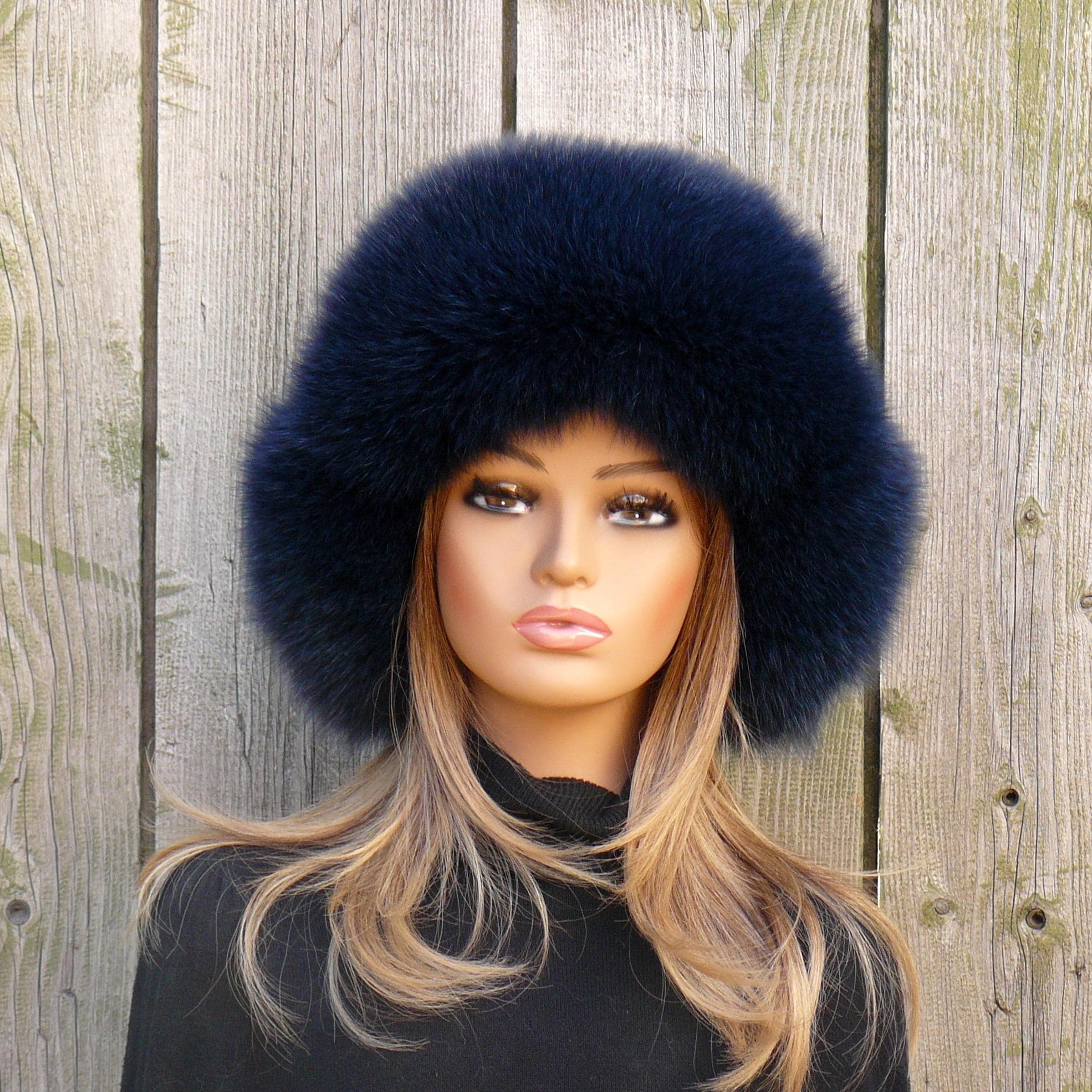 Real Fox Fur Trapper Hat, Dark Blue Fur Winter Hat, Aviator 