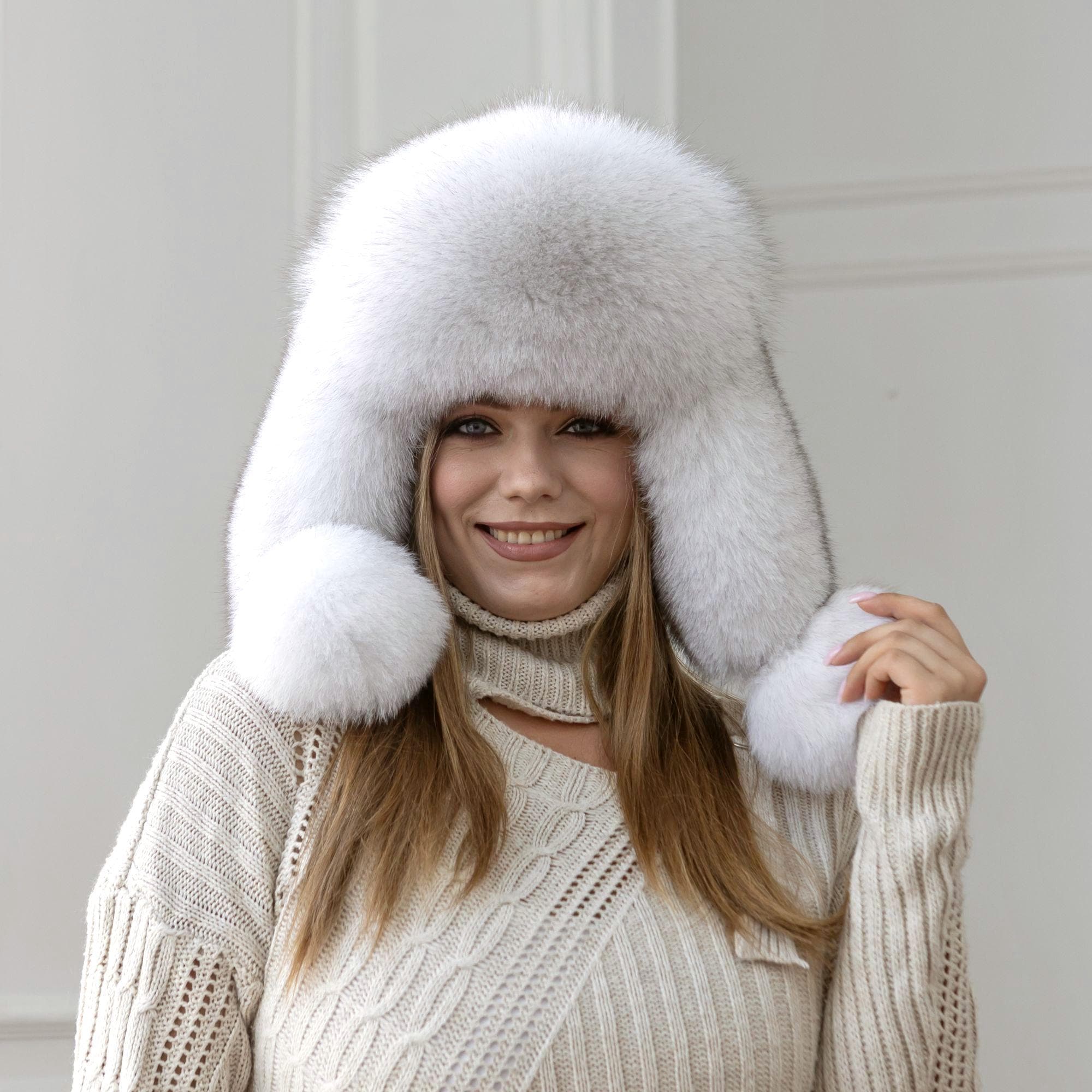 White Real Arctic Fox Fur Trapper Hat With Ear Flaps, One-piece
