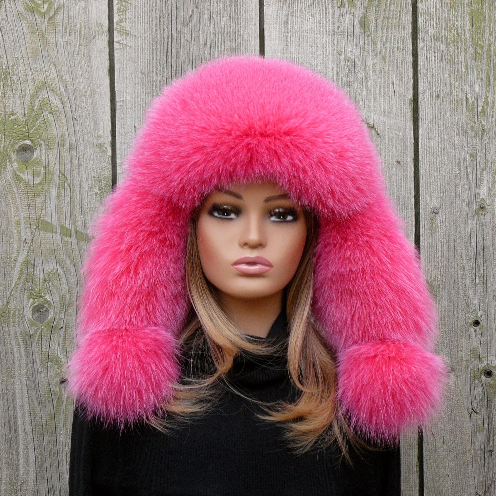 Hot Pink Fox Fur Trapper Hat, Fluffy Winter Ear Flap Hat, Girls