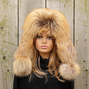 Warm Trapper Hat Made of Reddish Fox Fur with Leather Back, Long Ear Flaps and Pom Poms, Cozy Winter Gift for Her, Cold Weather Style