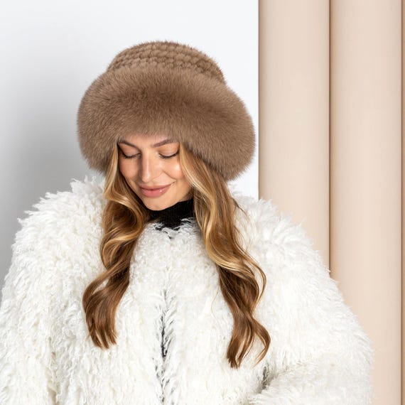Blond Real Mink Fur Hat - Plush Round Winter Cap Cream Beige Color Amazon.com: BOONJOVIA Women Winter Real Fur Bucket Hat  main image 3