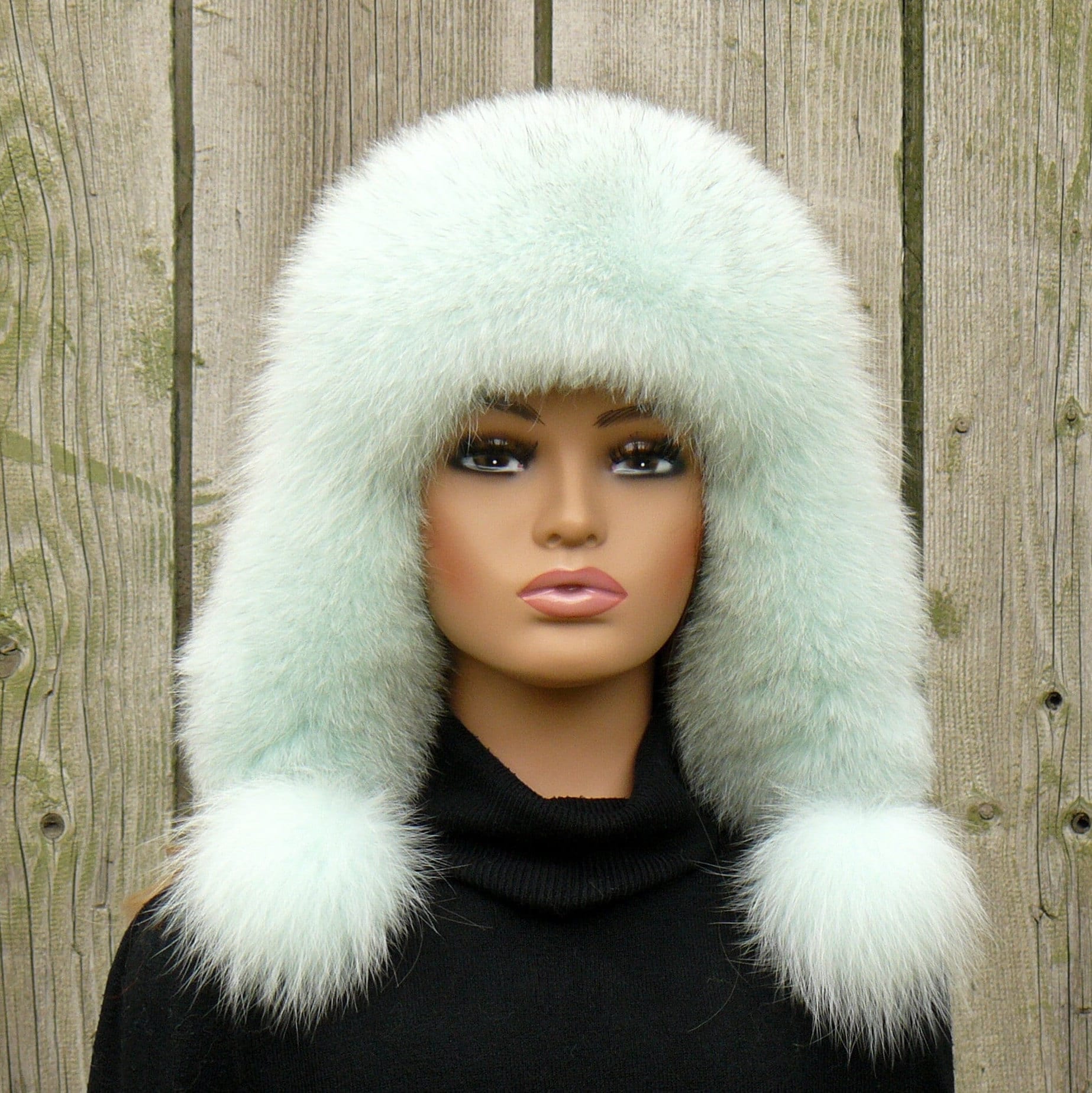 Mint Fox Fur Hat for Her, Leather Aviator Hat, Real Leather 