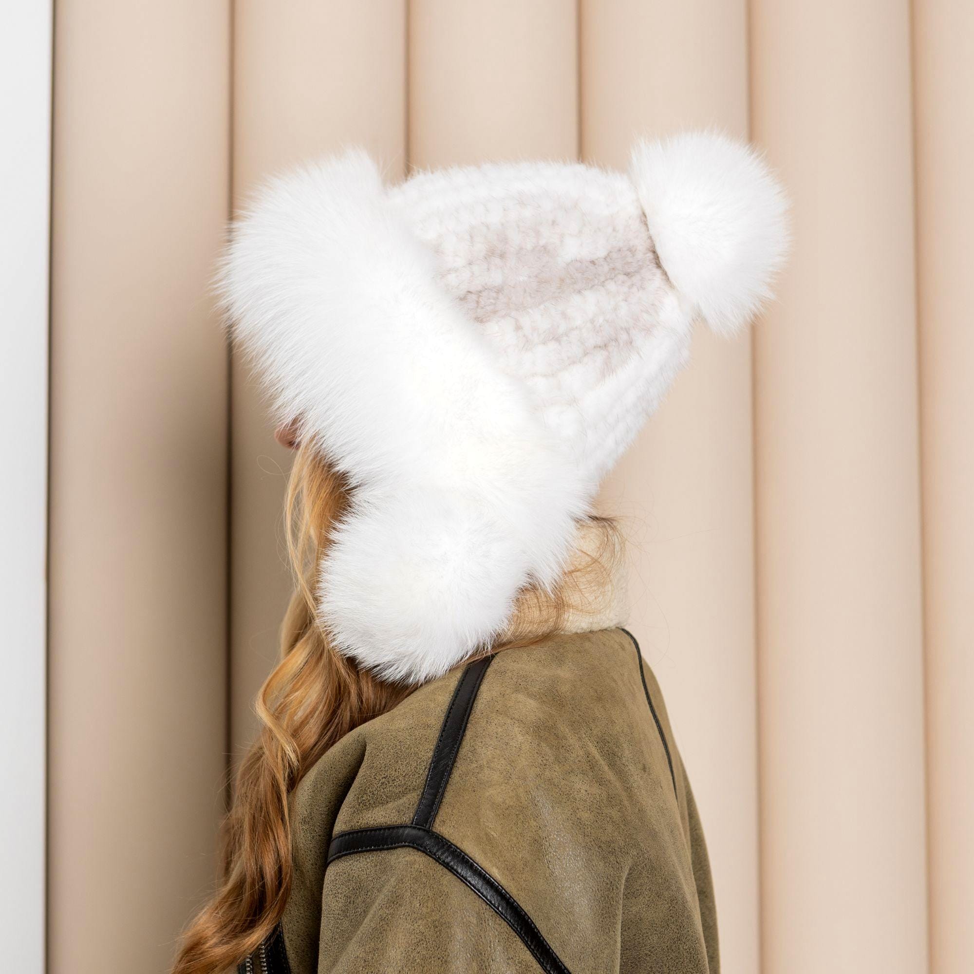 Warm Winter Fur Hood, Real Fur Bonnet With Ear Flaps, Knitted Fur