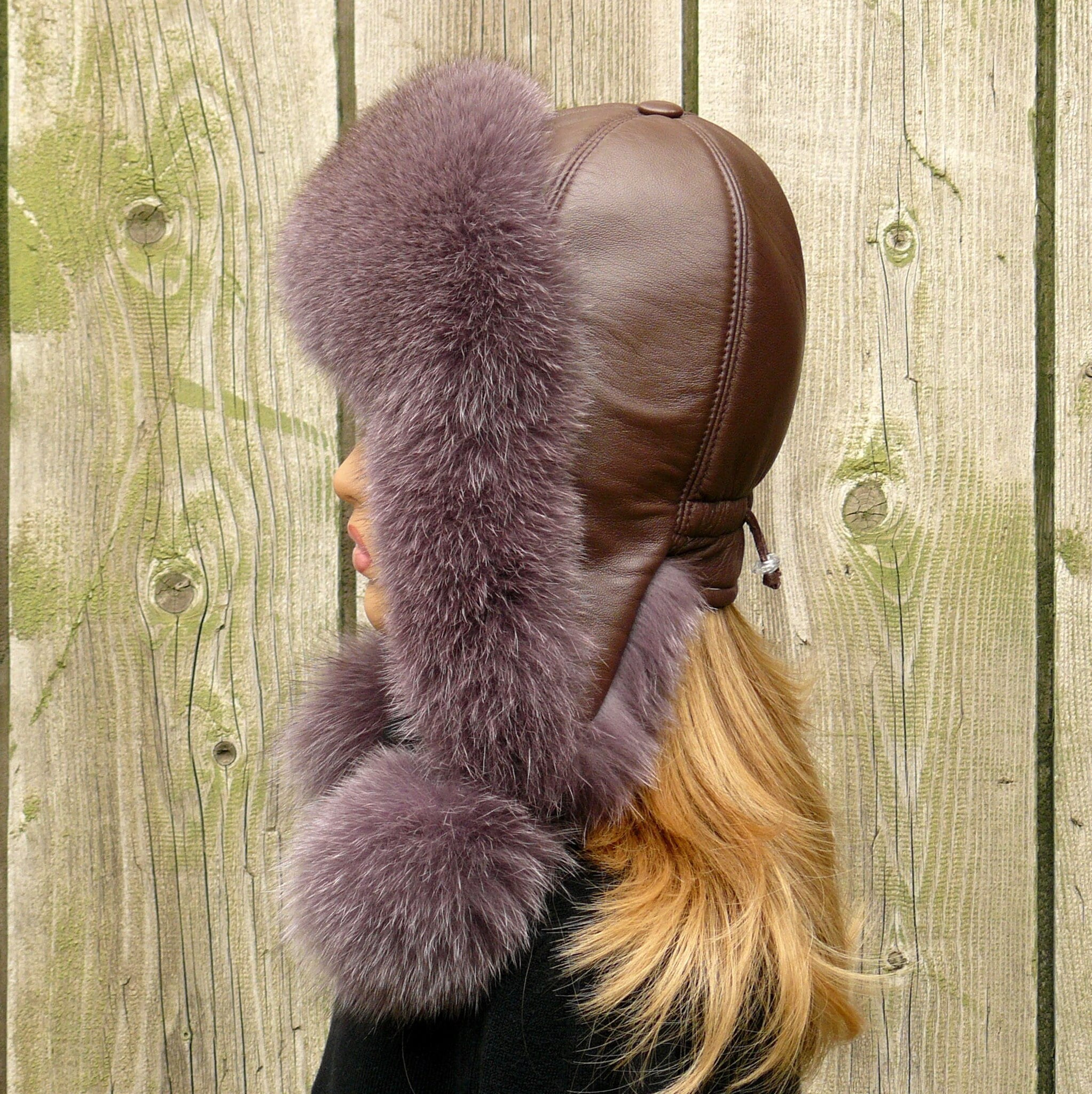 Women's Leather Hat With Ear Flaps Fur Hat Faux Fur Trapper