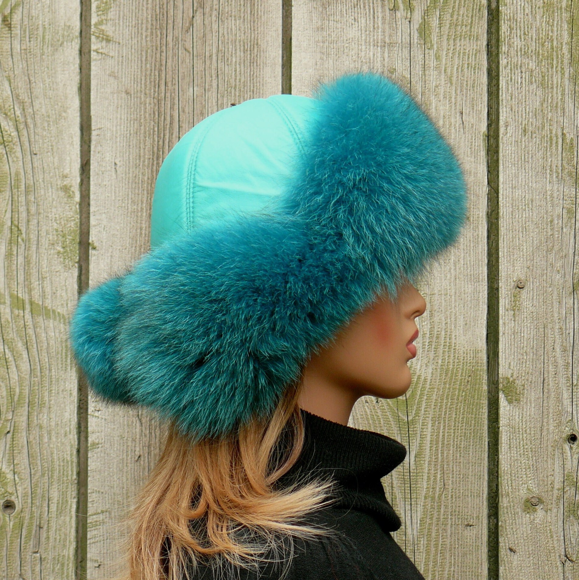 TURQUOISE POLAR FLEECE LINED FAUX FUR HAT Turquoise Fur Hat - Etsy main image 2
