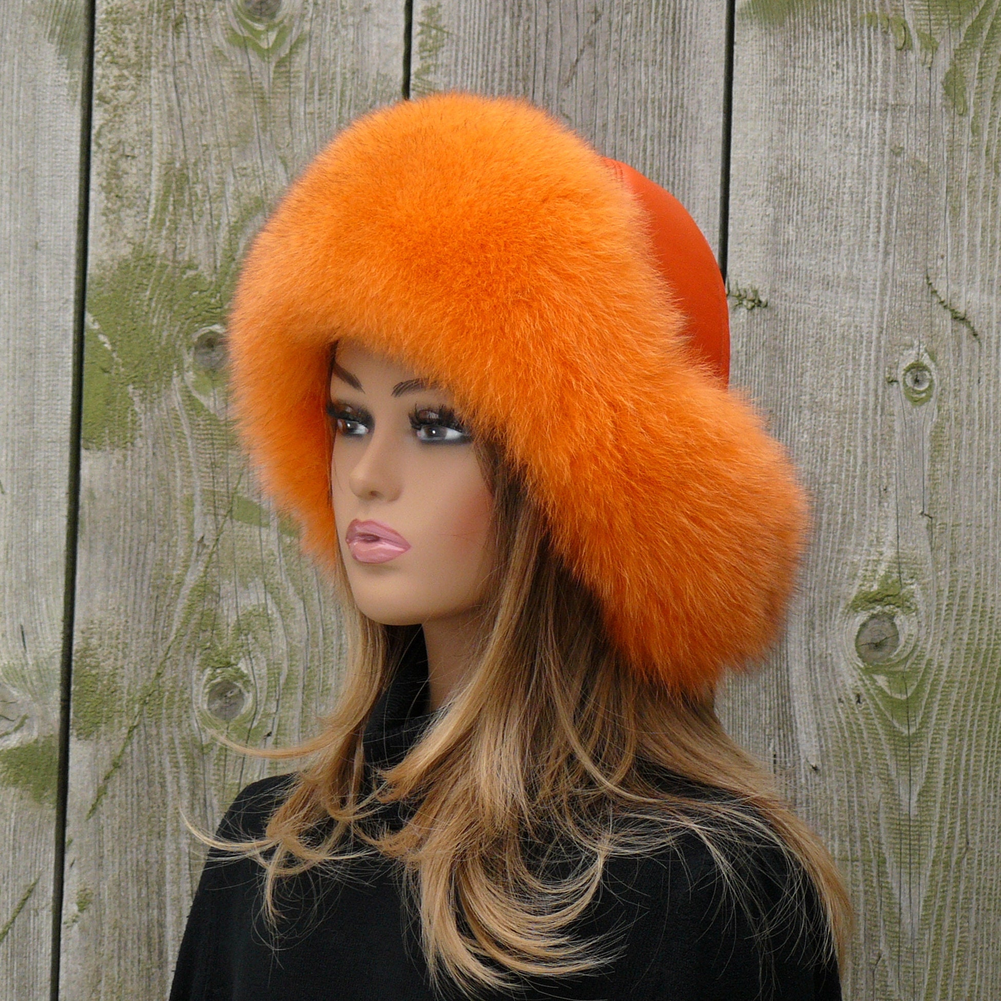 Orange Fur Hat for Women, Fur Trapper Hat, Fluffy Hat Ear  display picture 1