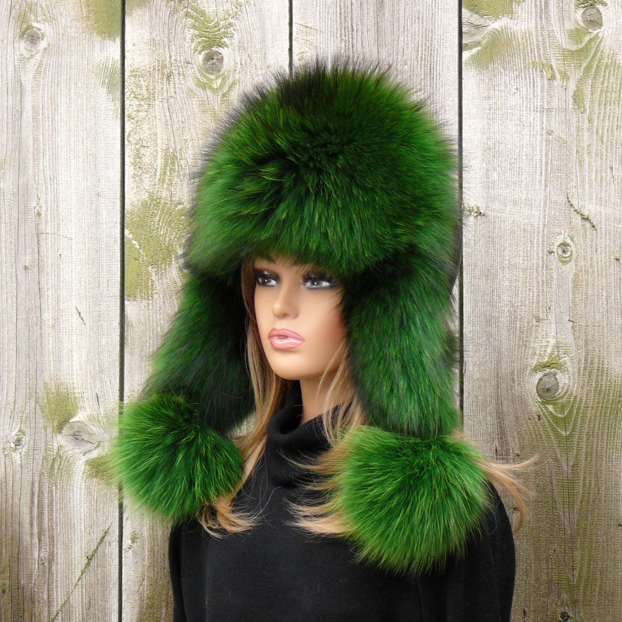 Hot Green Fur Trapper Hat for Women, Oversized Fuzzy Winter Head