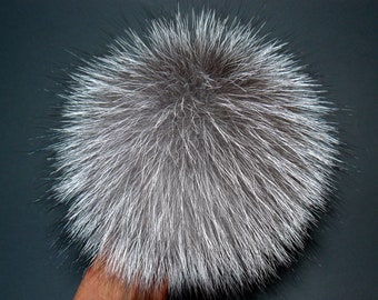 Fur pom pom for hat -  Real  silver fox fur pompom  -  Detachable pompoms of four sizes:  10 cm / 3.9&quot; -  18 cm/ 7&quot;