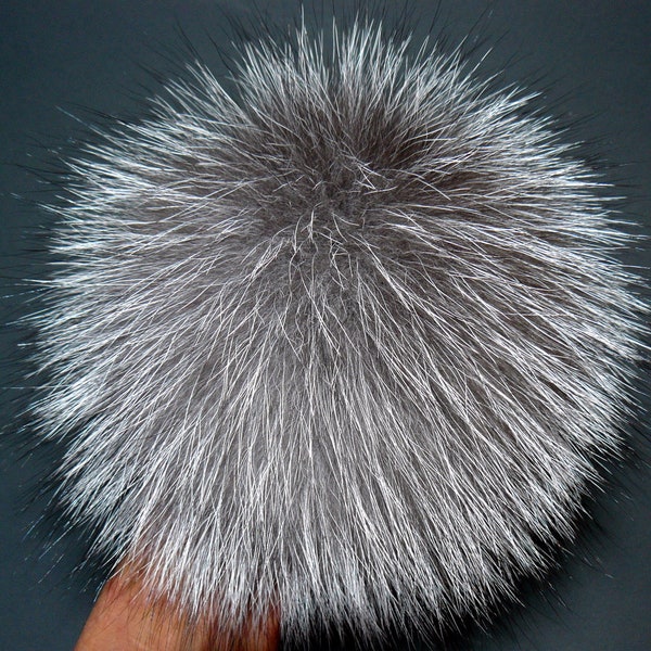 Pompon en fourrure pour bonnet - Pompon en fourrure de renard argenté véritable - Quatre tailles de pompons amovibles : 10 cm / 3,9" - 18 cm/ 7"