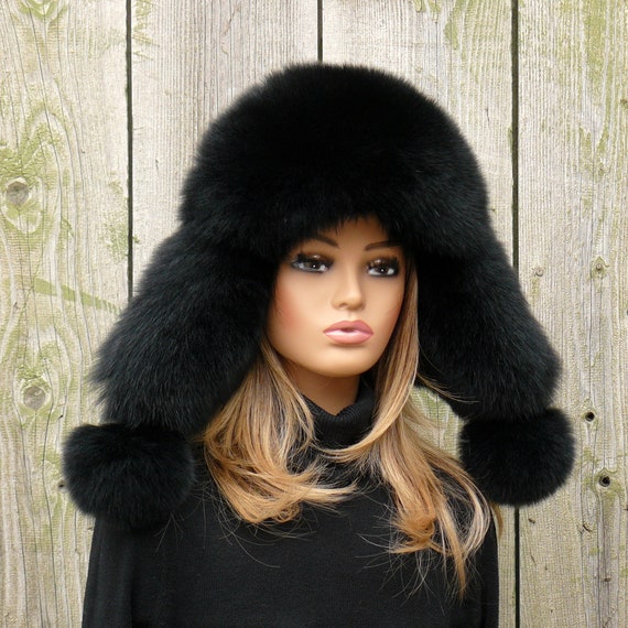 Real Fur Trapper Hat, Black Fox Fur Hat Woman, Aviator Fur Hat