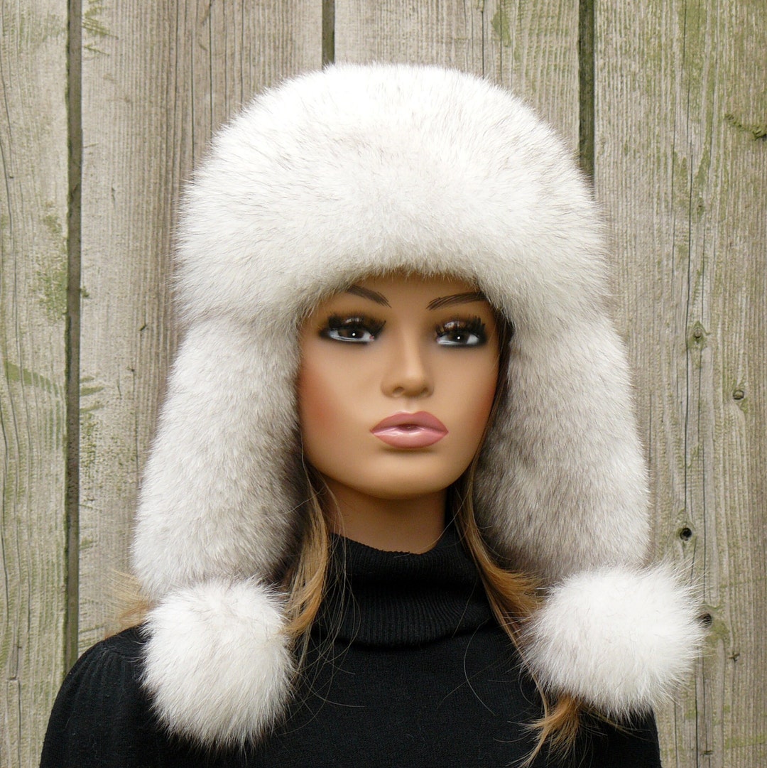 White Fur Hat for Women, Fur Trapper Hat, Fox Fur Hat, Fur Head Warmer