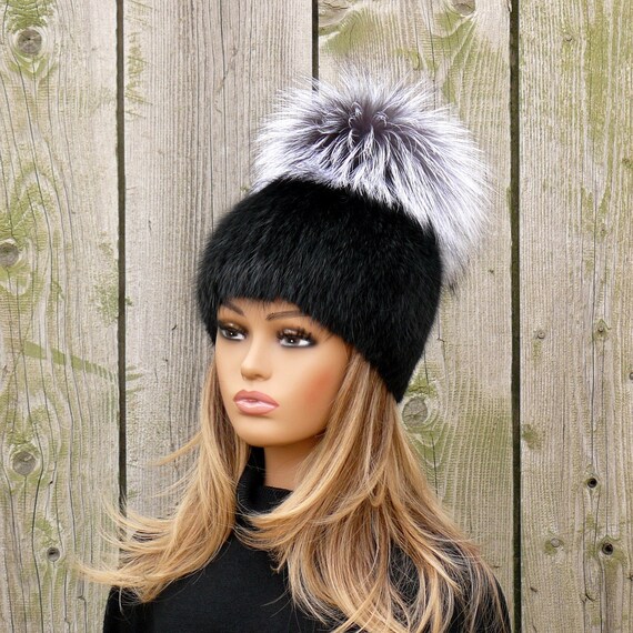 Genuine Black Mink Beanie with Brown Fur Pom Pom One size Winter Real Fur Hat Winter Hot Sale Real Mink Fur Hat For Women Knitted Mink Fur  main image 4