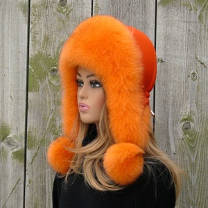 Orange fur hat for women, Fur trapper hat, Fluffy hat ear flaps, Warm ushanka, Fuzzy hat, Winter furry bomber hat, Christmas daughter gift