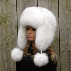 White Real Arctic Fox Fur Trapper Hat with Ear Flaps, One-Piece Winter Women&#39;s Hat, Warm Hat, Head Accessory, Cute Winter Hat, Gift for Her