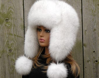 White Real Arctic Fox Fur Trapper Hat With Ear Flaps, One-piece