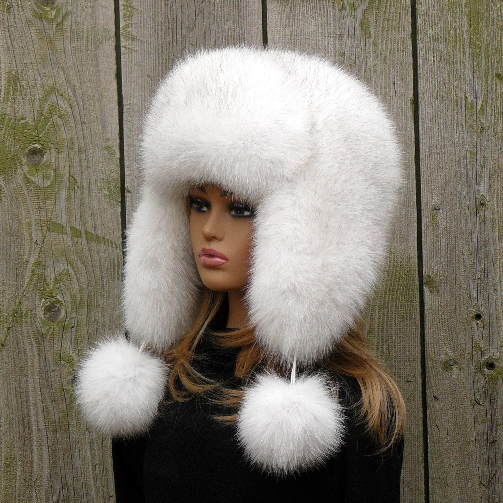 White Real Arctic Fox Fur Trapper Hat With Ear Flaps, One-piece