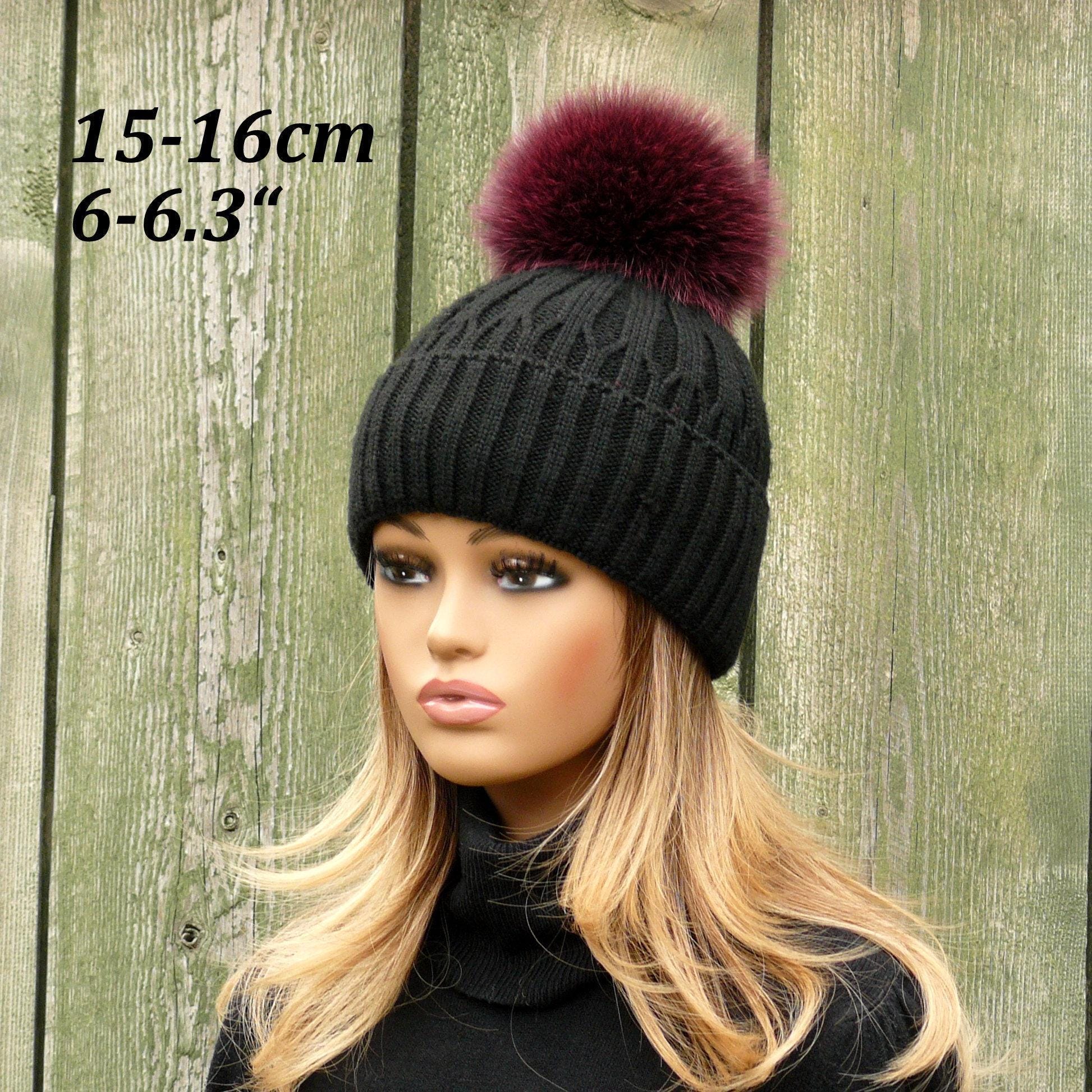 Real Fur Pom Pom for Hat, Burgundy Fluffy Pompom With Ribbon  display picture 1